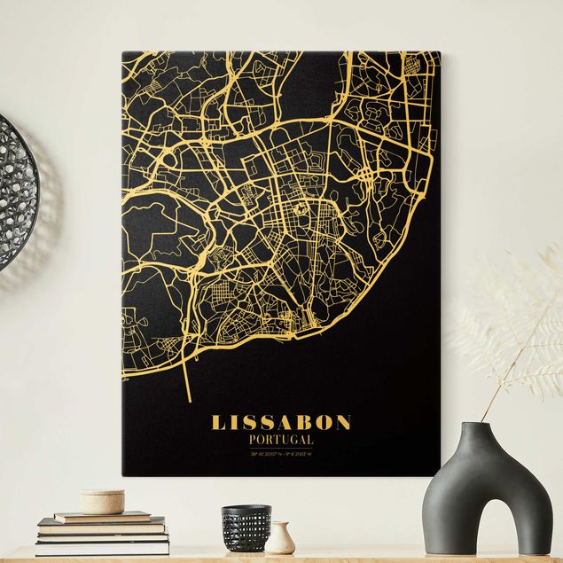 Wandbilder Weltkarten Stadtplan Lissabon - Klassik Schwarz
