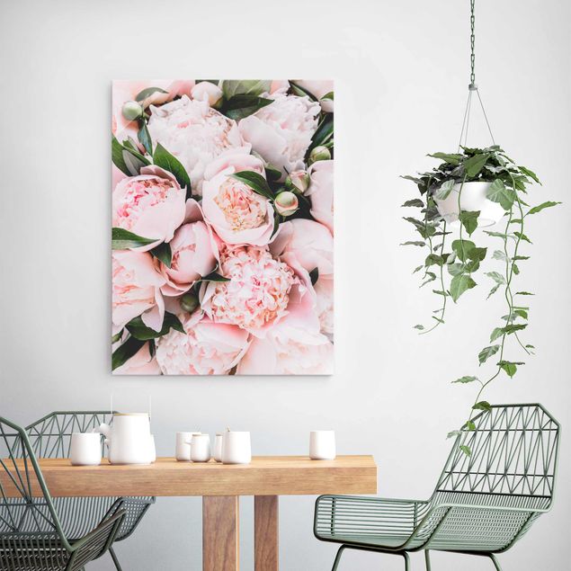 Glasbilder Rose Rosa Pfingstrosen mit Blättern