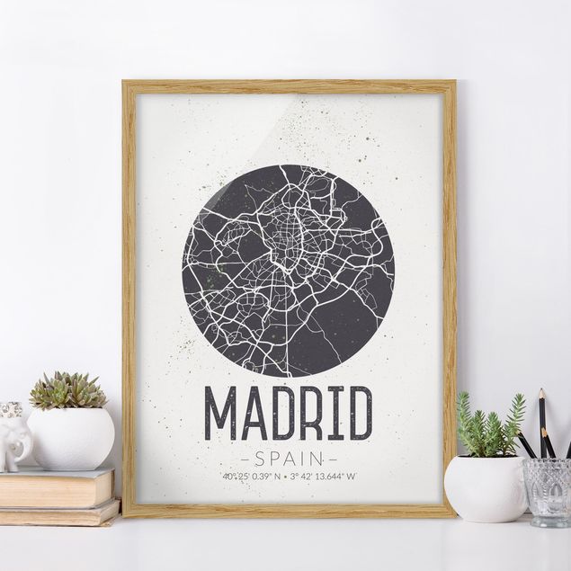 schwarz-weiß Bilder gerahmt Stadtplan Madrid - Retro