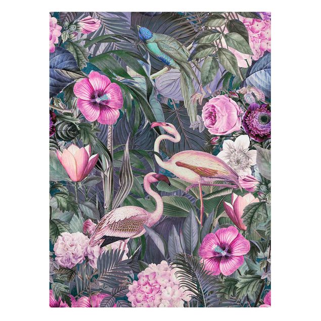 Leinwandbilder Blumen Bunte Collage - Pinke Flamingos im Dschungel