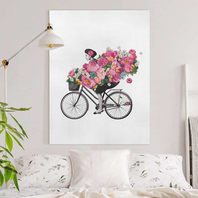 schöne Bilder Illustration Frau auf Fahrrad Collage bunte Blumen