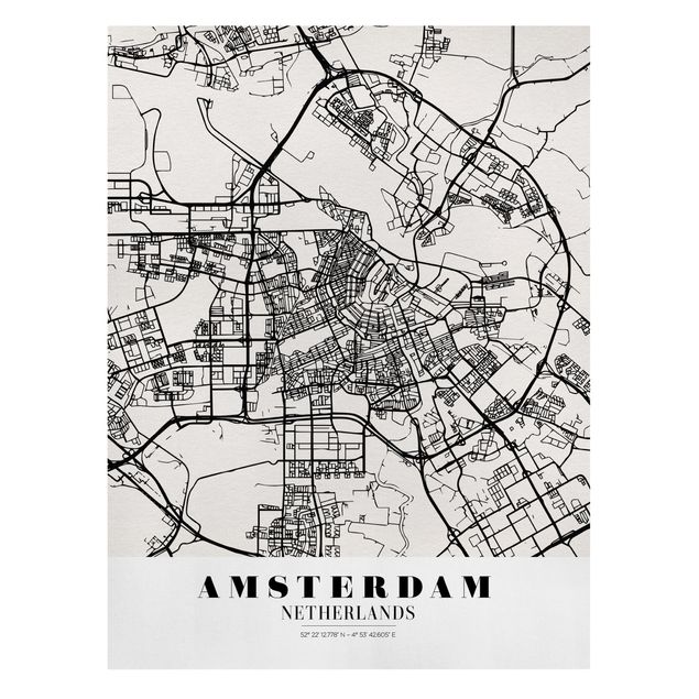 Wandbilder Schwarz-Weiß Stadtplan Amsterdam - Klassik