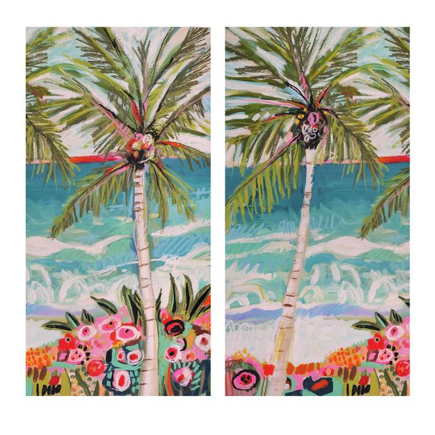 Wandbilder Modern Palme mit pinken Blumen Set I