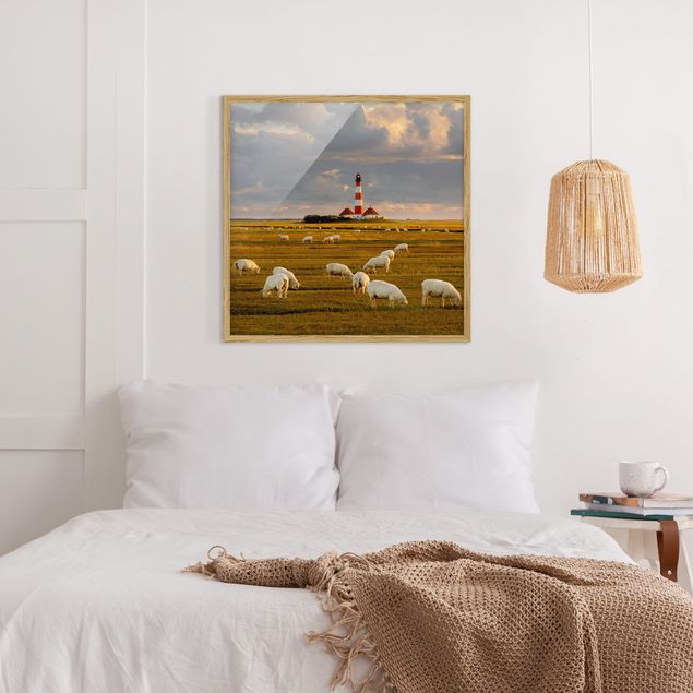Wandbilder Landschaften Nordsee Leuchtturm mit Schafsherde