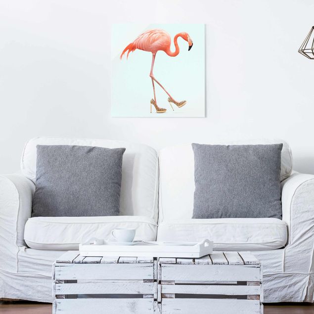 Glasbilder Tiere Flamingo mit High Heels