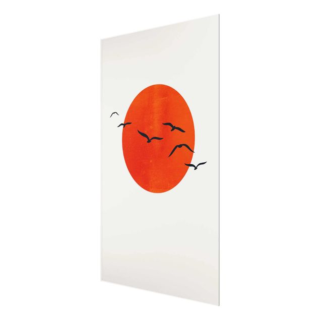 Wandbilder Kunstdrucke Vogelschwarm vor roter Sonne I