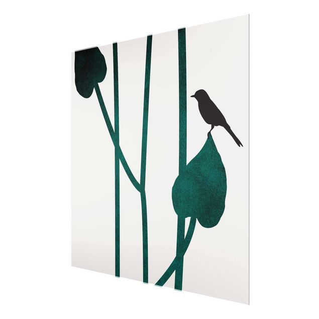 Wandbilder Grün Grafische Pflanzenwelt - Vogel auf Blatt