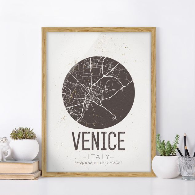 gerahmte Bilder schwarz-weiß Stadtplan Venice - Retro