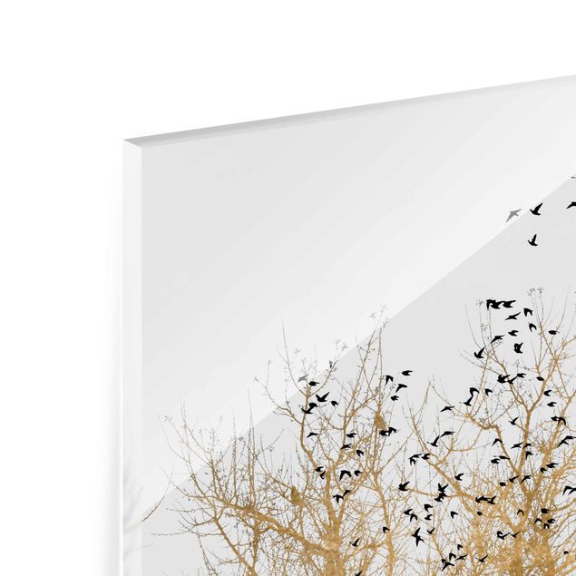 Kubistika Kunstdrucke Vogelschwarm vor goldenem Baum