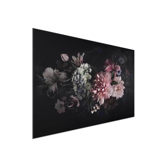 Glasbilder Blumen Blumen mit Nebel auf Schwarz
