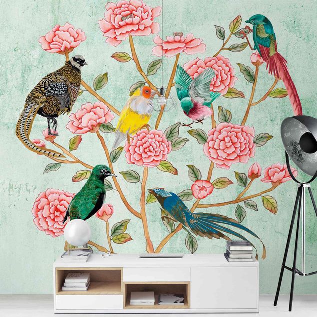 Tapete Vögel Chinoiserie Collage in Mint II