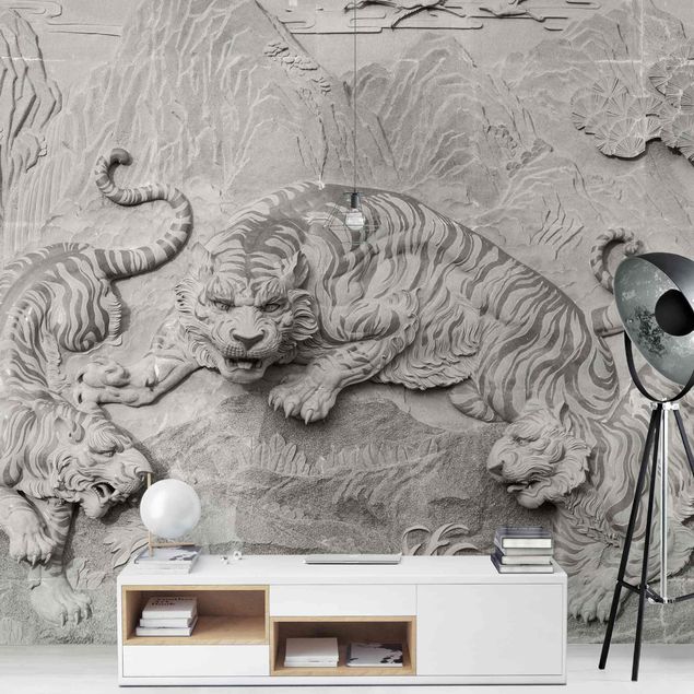 3D Fototapete Chinoiserie Tiger in Steinoptik