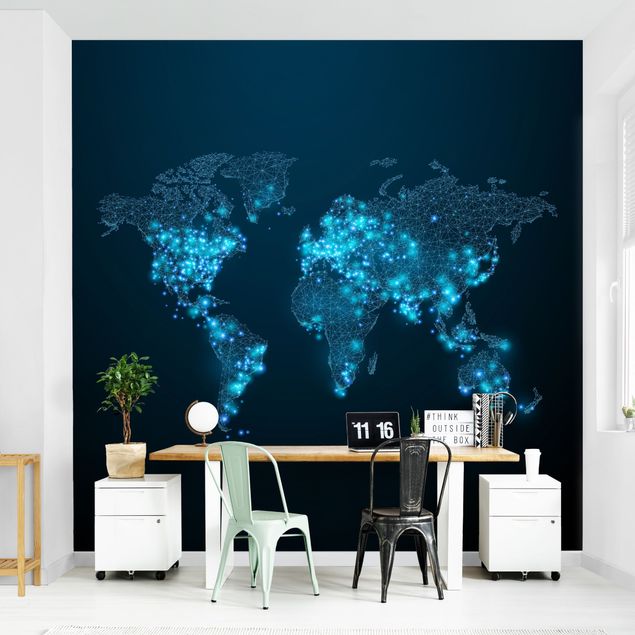 Wandtapete blau Connected World Weltkarte