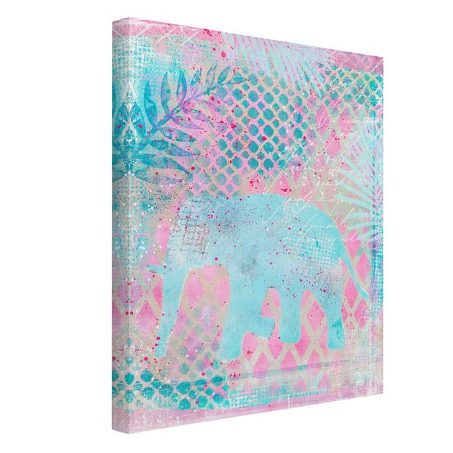 Wandbilder Landschaften Bunte Collage - Elefant in Blau und Rosa