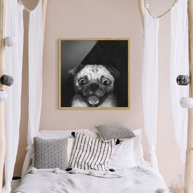 schwarz-weiß Bilder gerahmt Illustration Hund Mops Malerei auf Schwarz Weiß