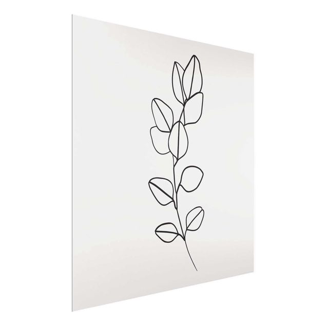 Glasbilder Blumen Line Art Zweig Blätter Schwarz Weiß