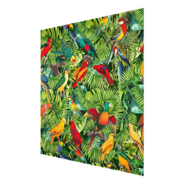 Wandbilder Bunt Bunte Collage - Papageien im Dschungel