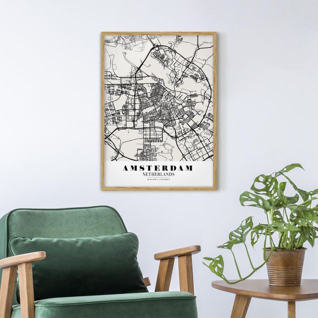 schwarz-weiß Bilder gerahmt Stadtplan Amsterdam - Klassik