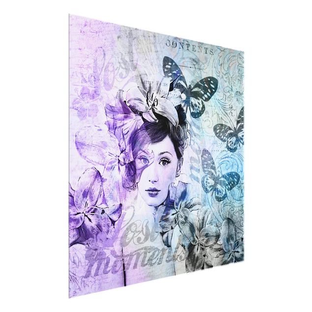 Wandbilder Kunstdrucke Shabby Chic Collage - Portrait mit Schmetterlingen