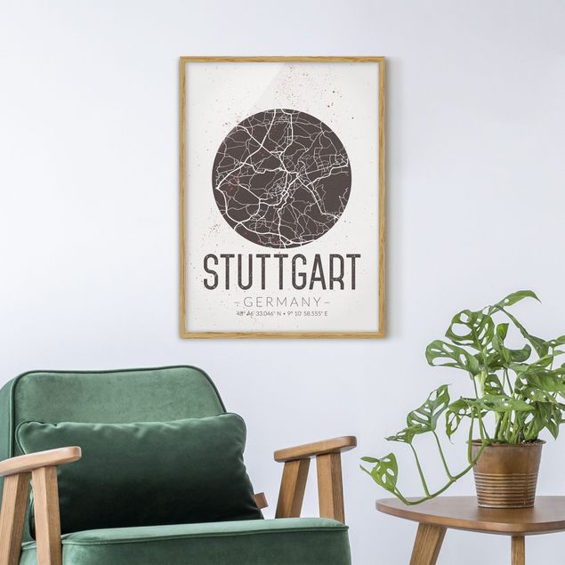 schwarz-weiß Bilder mit Rahmen Stadtplan Stuttgart - Retro