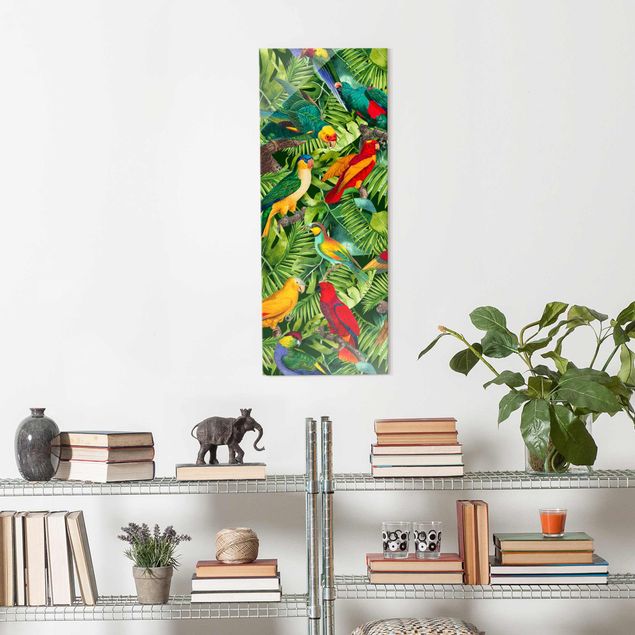 Glasbilder Blumen Bunte Collage - Papageien im Dschungel