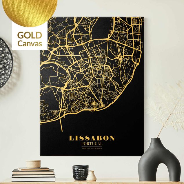 Leinwandbild Weltkarte Stadtplan Lissabon - Klassik Schwarz