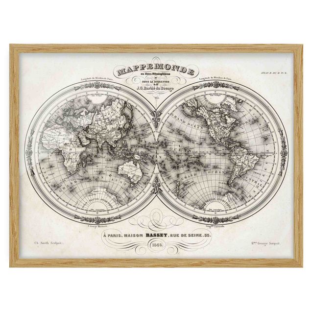Gerahmte Bilder Vintage Weltkarte - Französische Karte der Hemissphären von 1848