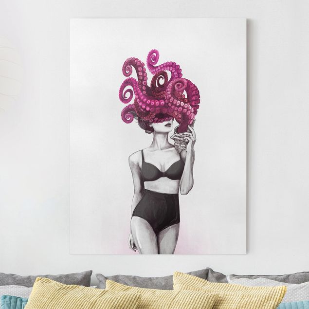 Laura Graves Art Bilder Illustration Frau in Unterwäsche Schwarz Weiß Oktopus