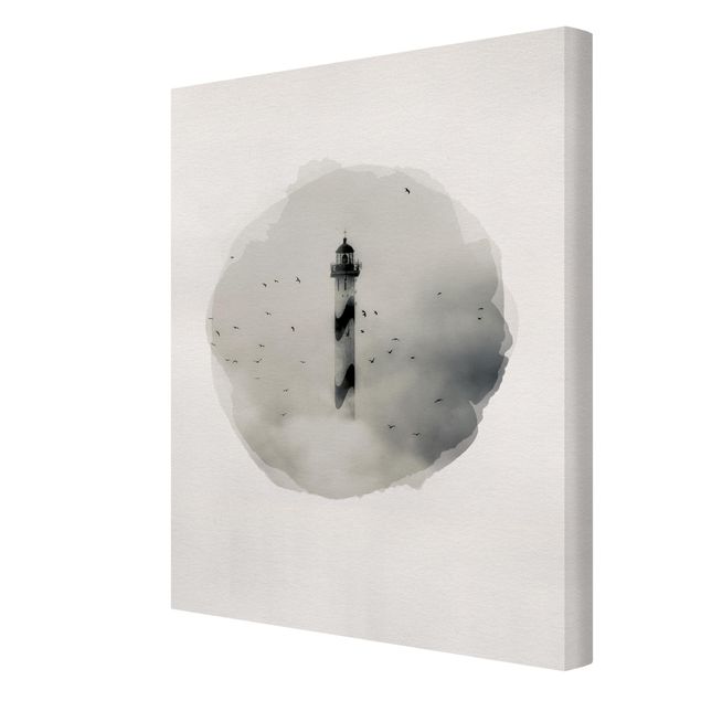 schwarz-weiß Bilder auf Leinwand Wasserfarben - Leuchtturm im Nebel