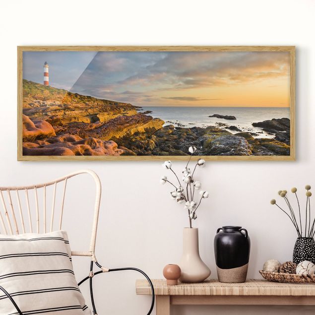 Strandbilder mit Rahmen Tarbat Ness Leuchtturm und Sonnenuntergang am Meer