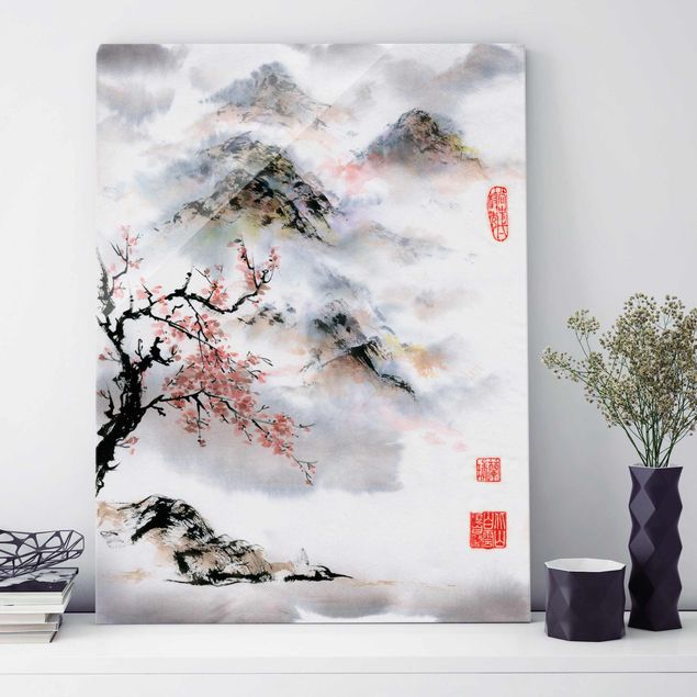 Küche Dekoration Japanische Aquarell Zeichnung Kirschbaum und Berge