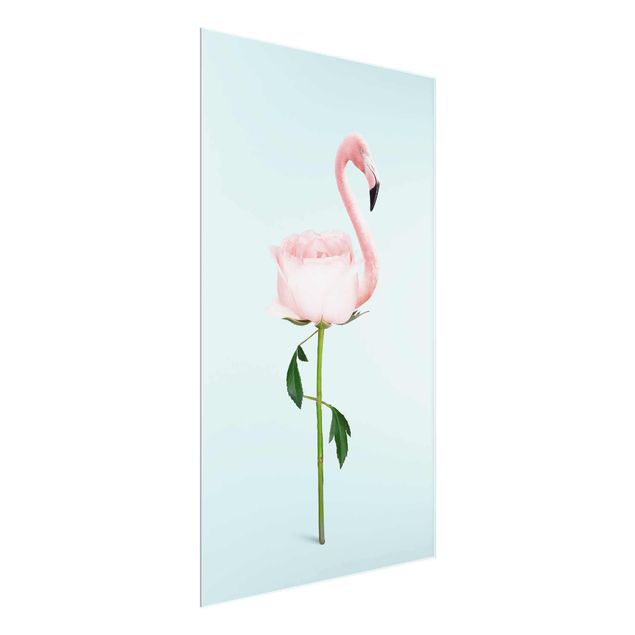 Glasbilder Blumen Motive Flamingo mit Rose