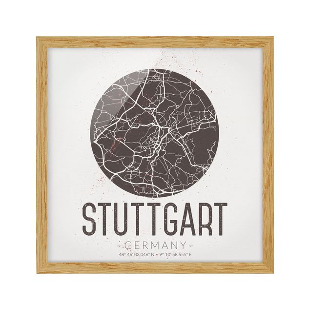 Weltkarte mit Bilderrahmen Stadtplan Stuttgart - Retro
