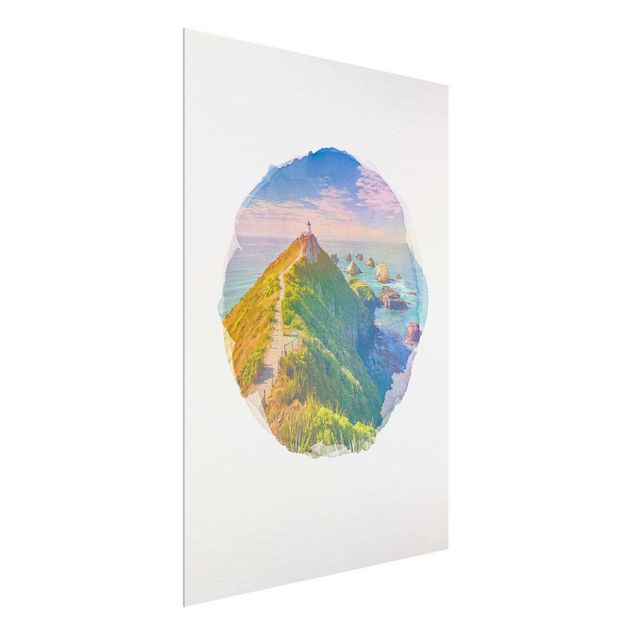 Wandbilder Berge Wasserfarben - Nugget Point Leuchtturm und Meer Neuseeland