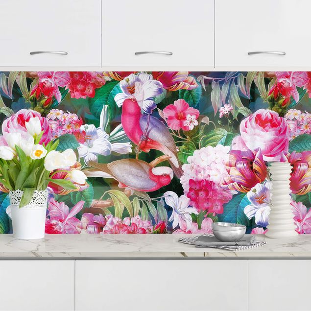 Küchenrückwände Blumen Bunte Tropische Blumen mit Vögeln Pink I