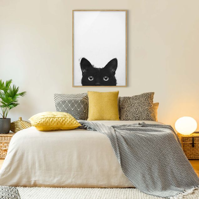 schwarz-weiß Bilder mit Rahmen Illustration Schwarze Katze auf Weiß Malerei