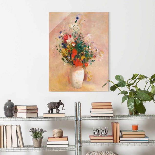 Glasbilder Rosen Odilon Redon - Vase mit Blumen (rosenfarbener Hintergrund)