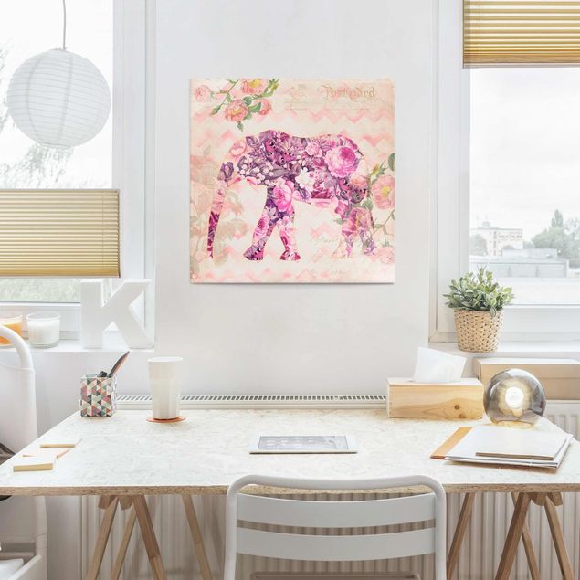 Wanddeko Küche Vintage Collage - Rosa Blüten Elefant