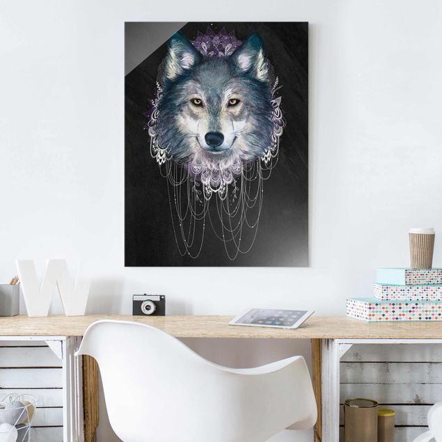 Glasbilder Tiere Illustration Wolf mit Boho Traumfänger Schwarz