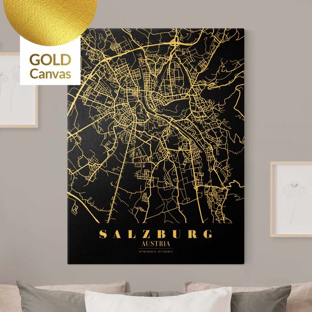 Leinwandbilder Weltkarte Stadtplan Salzburg - Klassik Schwarz