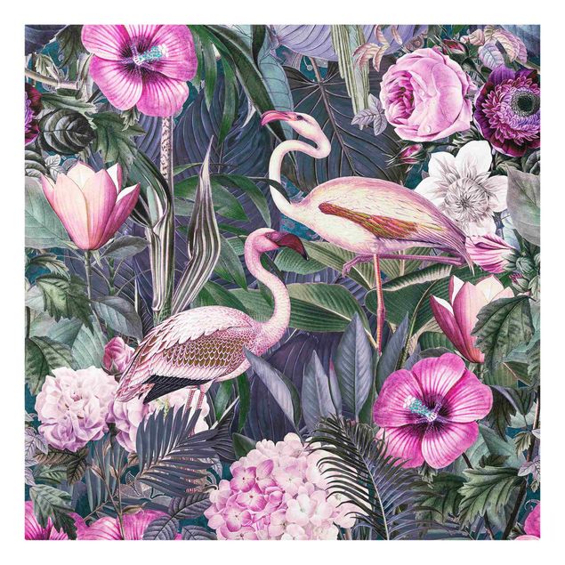 Wandbilder Floral Bunte Collage - Pinke Flamingos im Dschungel
