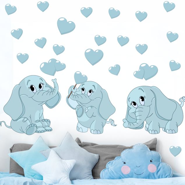 Wandtattoo Elefant Drei blaue Elefantenbabies mit Herzen
