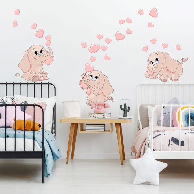 Wandsticker Tiere Drei rosa Elefantenbabies mit Herzen