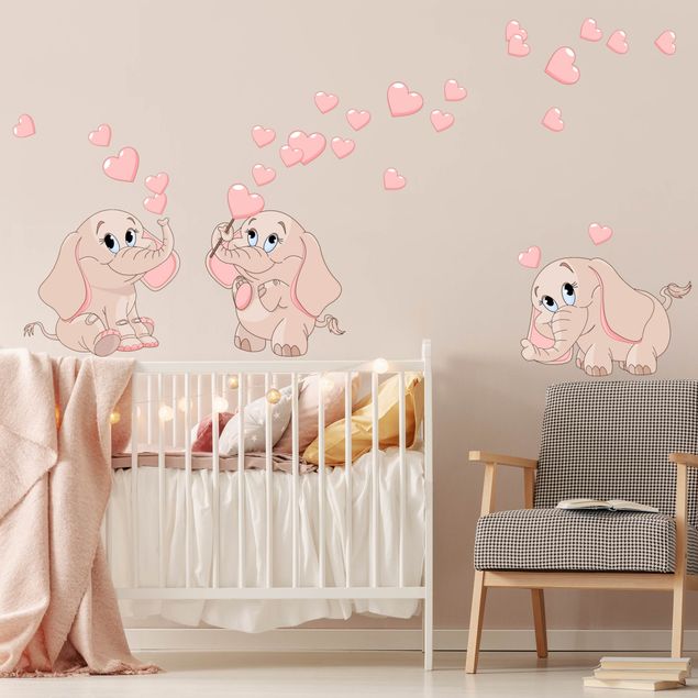 Wandtattoo Love Drei rosa Elefantenbabies mit Herzen
