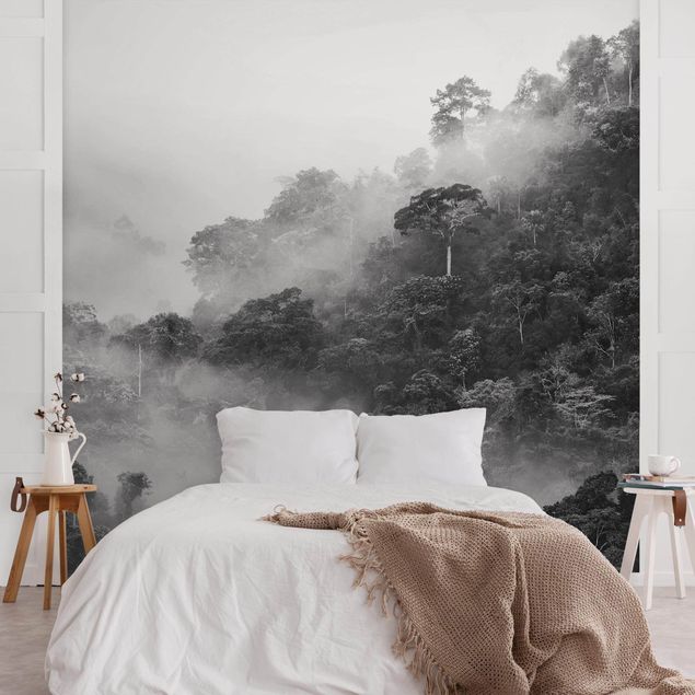 Tapeten Modern Dschungel im Nebel Schwarz-Weiß