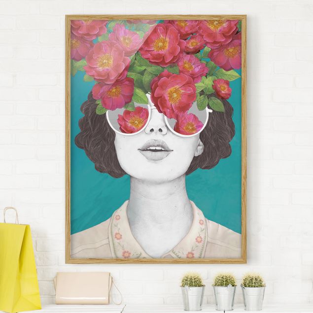 Küchen Deko Illustration Portrait Frau Collage mit Blumen Brille