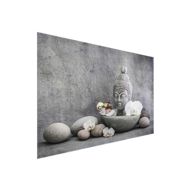 Buddha Glasbild Zen Buddha, Orchideen und Steine