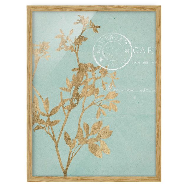 Wandbilder Blumen Goldene Blätter auf Turquoise I