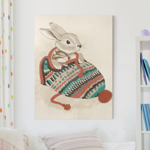 schöne Leinwandbilder Illustration Kuschelnder Hase in Mütze