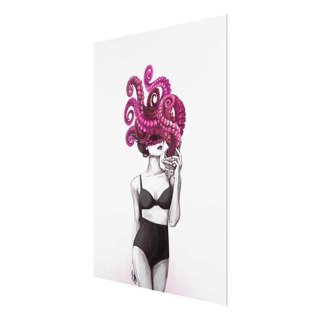 Glasbilder Schwarz-Weiß Illustration Frau in Unterwäsche Schwarz Weiß Oktopus